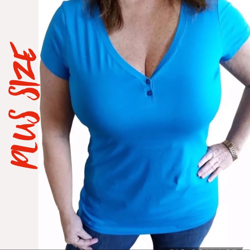 Blue plus size short sleeve v-neck tee shirt top